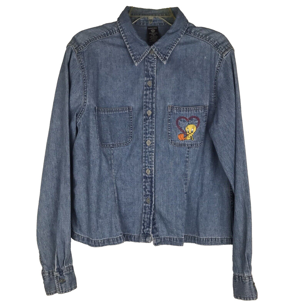 VTG Warner Bros. Studio Store Tweety Bird Denim Embroidered Button Up 1997 XL